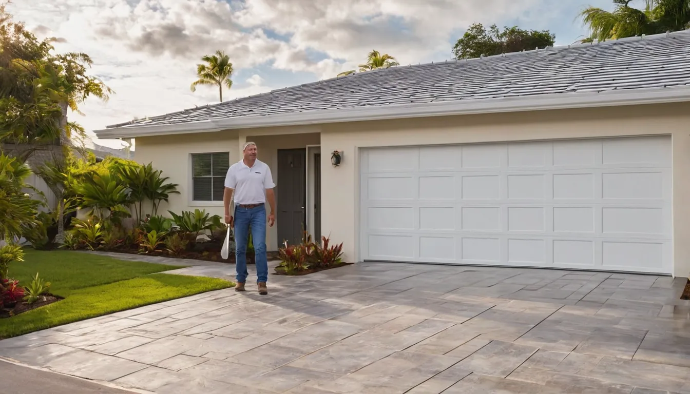 Friendly provider and homeowner checking a newly installed garage door at a home in DeBary