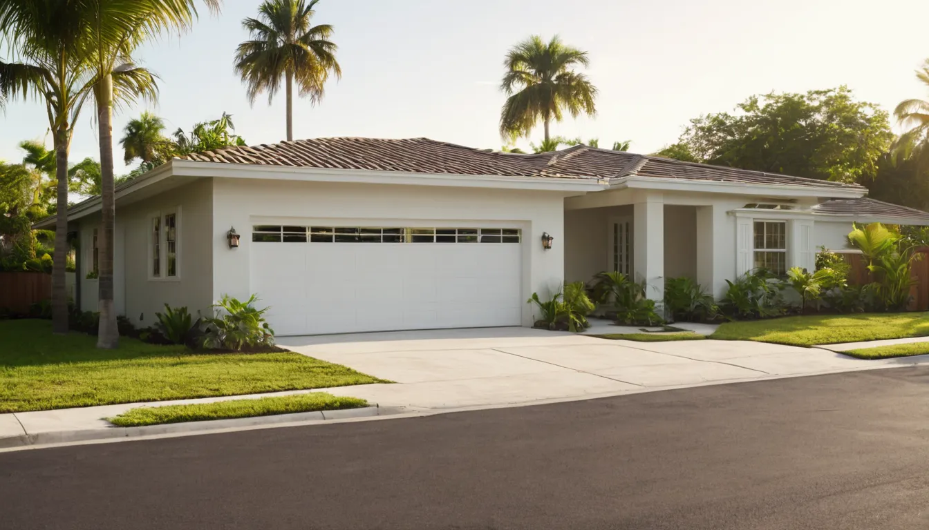 A tidy garage door on a DeBary home with palm trees and a clear sky